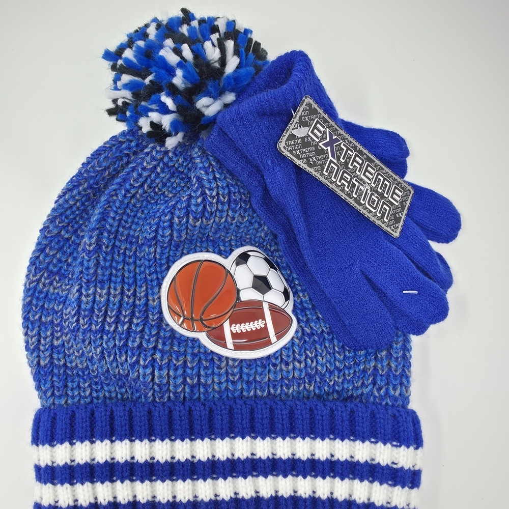 Extreme Nation Blue Kids Winter Beanie and Gloves Set NWT
